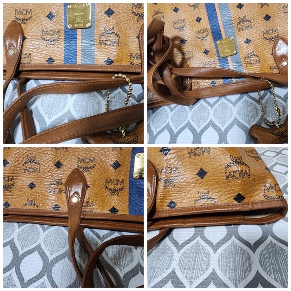 Authentic MCM Visetos Striped Shopper Tote Bag Cognac - Picture 9 of 14